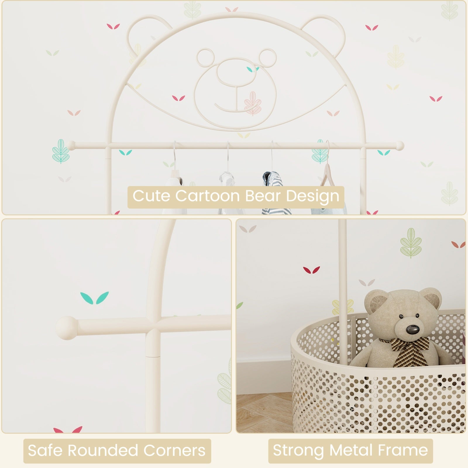 COSTWAY Clothes Rack W\u002F 3 Adjustable Heights, Home Freestanding Clothes Rack On Wheels, Cartoon Wardrobe W\u002F Basket For Adults, Portable Mobile Clothes Hanging Rod