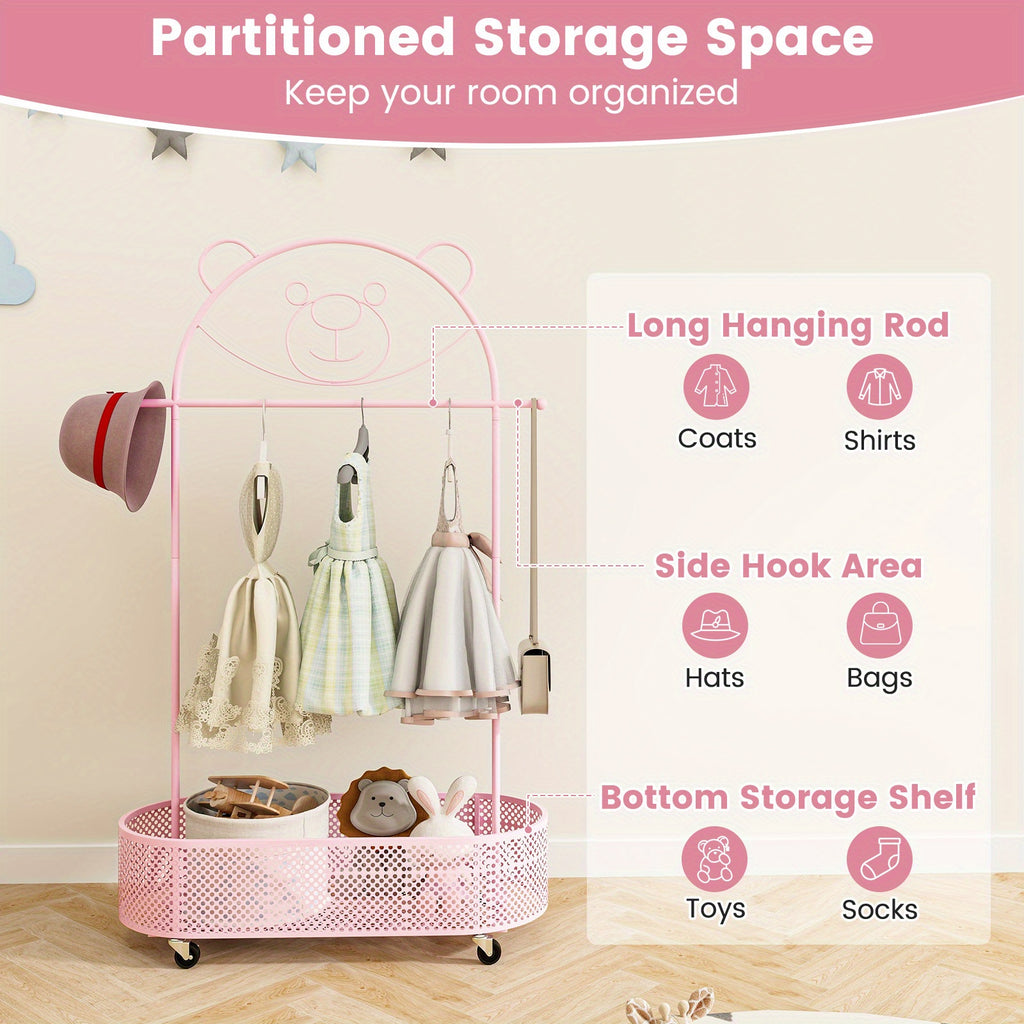 LIFEZEAL Kid Clothes Rack W\u002F 3 Adjustable Heights, Home Freestanding Clothes Rack on Wheels, Cartoon Wardrobe W\u002F Basket for Children Adults, Portable Mobile Clothes Hanging Rod for Kids Room, Living Room, Portable Closets