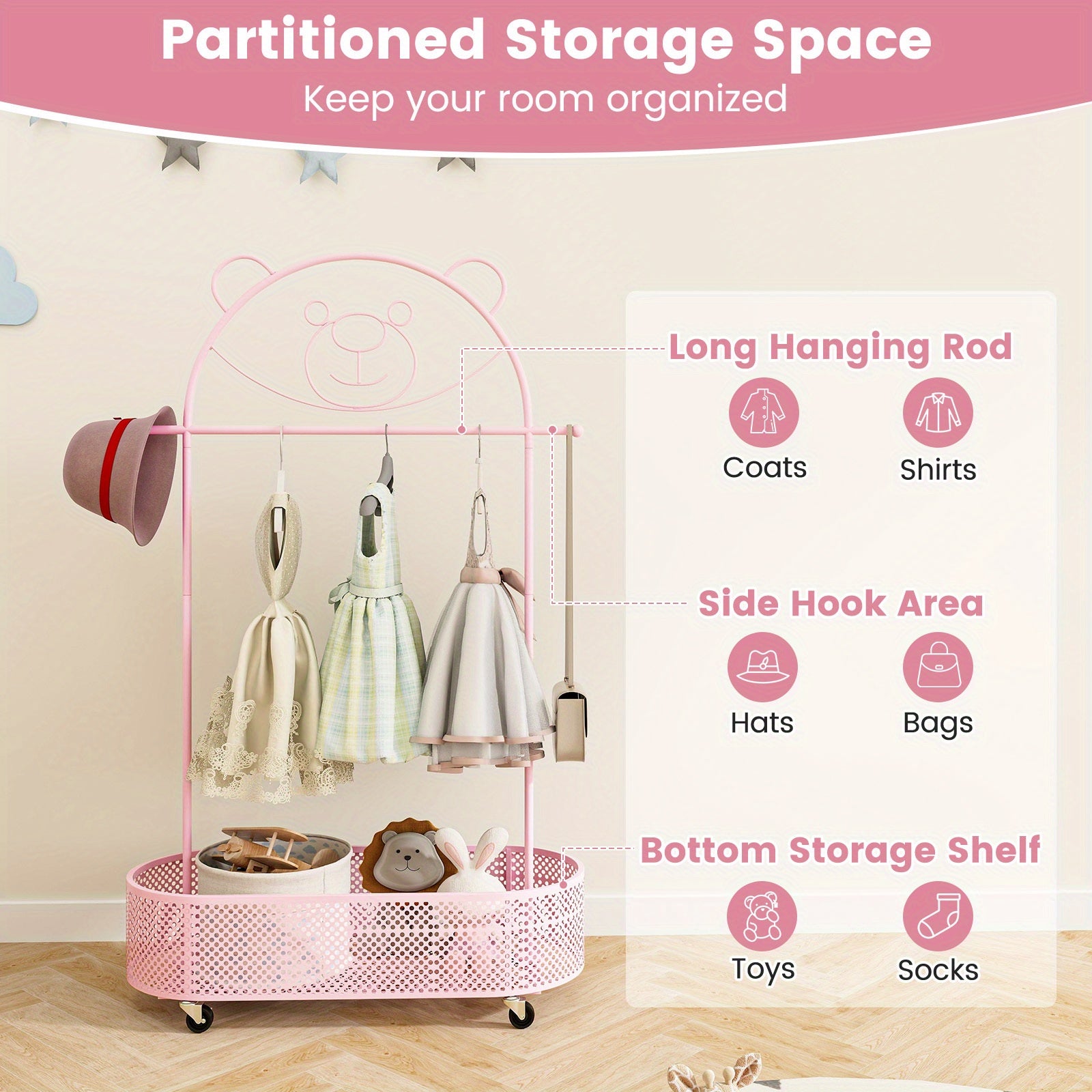 LIFEZEAL Kid Clothes Rack W\u002F 3 Adjustable Heights, Home Freestanding Clothes Rack on Wheels, Cartoon Wardrobe W\u002F Basket for Children Adults, Portable Mobile Clothes Hanging Rod for Kids Room, Living Room, Portable Closets
