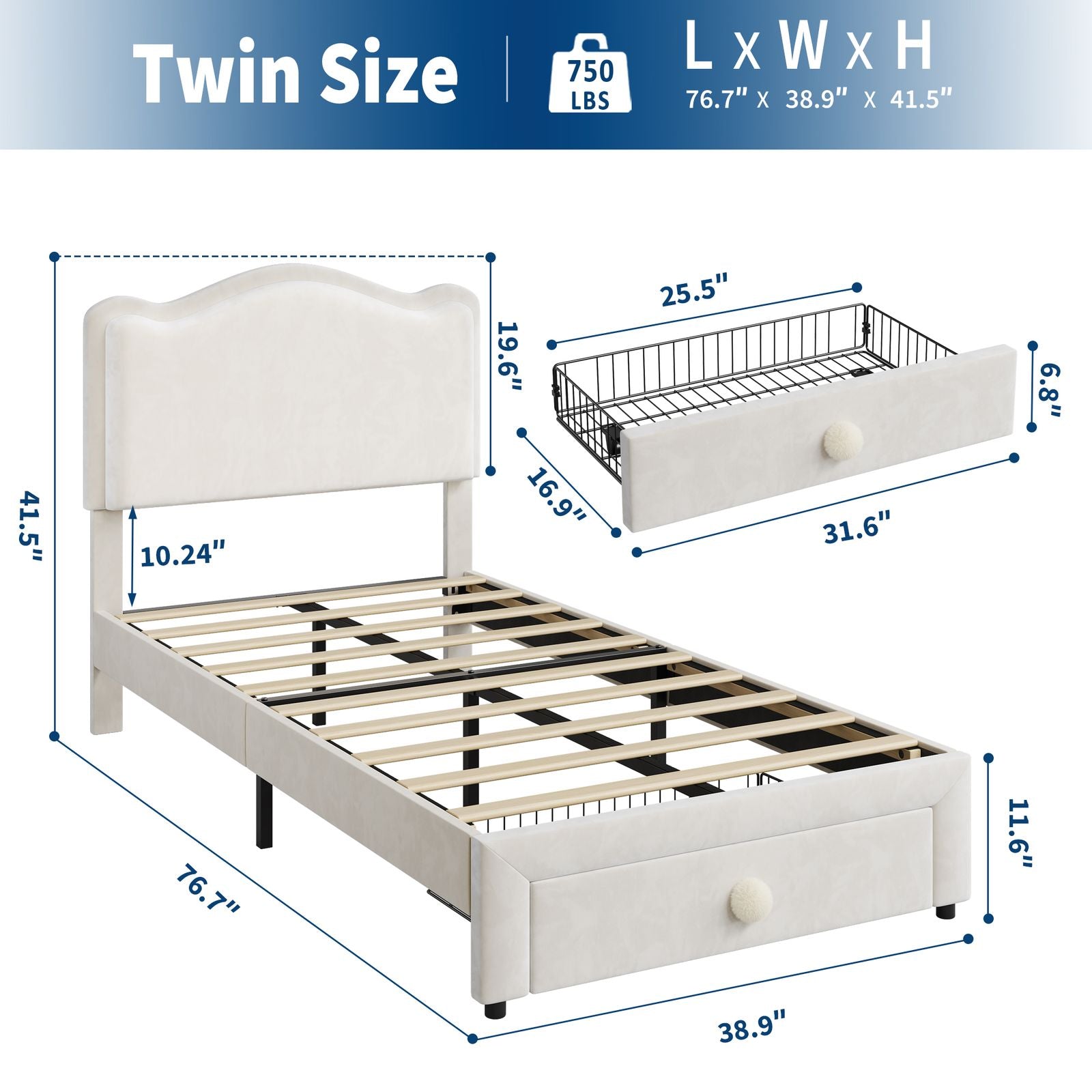 White Twin Soft Platform Bed Featuring a Headboard And Storage Drawer, Designed for Girls And Kids. It Includes Wooden Slats, Requires No Box Spring, And Is Easy to Assemble