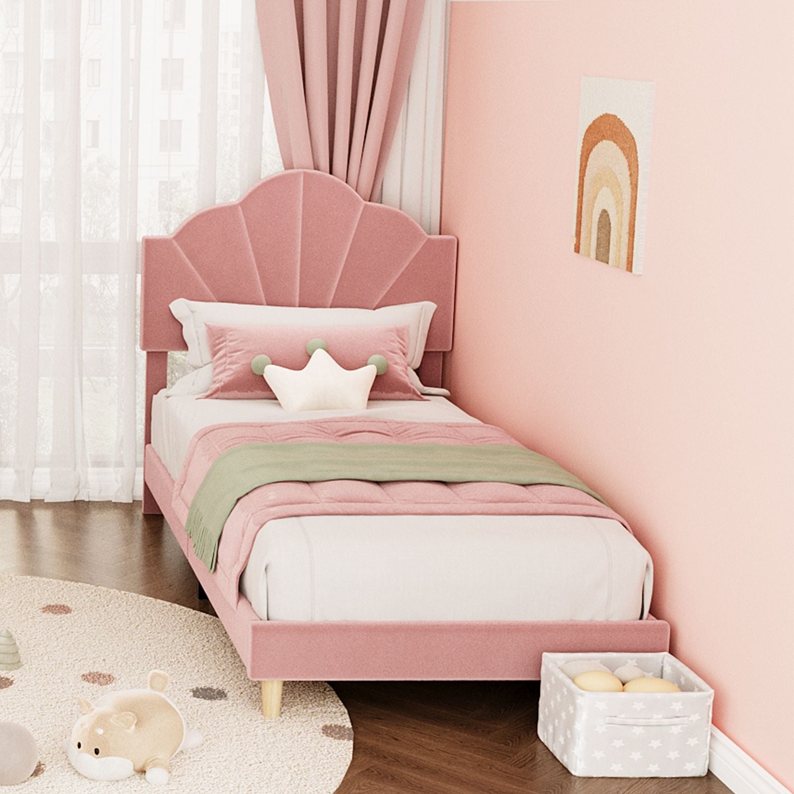Twin Pink Girls' Upholstered Platform Bed Frame with Adjustable Shell-Shaped Headboard - Slat Support, Noise-Free Design, No Box Spring Needed, Assembly Suitable for, Room, Contemporary Bedding Centerpiece