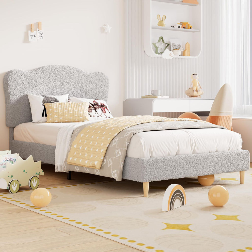 Kids Upholstered Twin XL Bed Frame with Scalloped Headboard - Grey Platform Bed Suitable for Boys & Girls, Sturdy Wooden Slats Support, No Box Spring Needed, Modern Twin Bed for Boys Girls Room,, Apartment Living Furniture