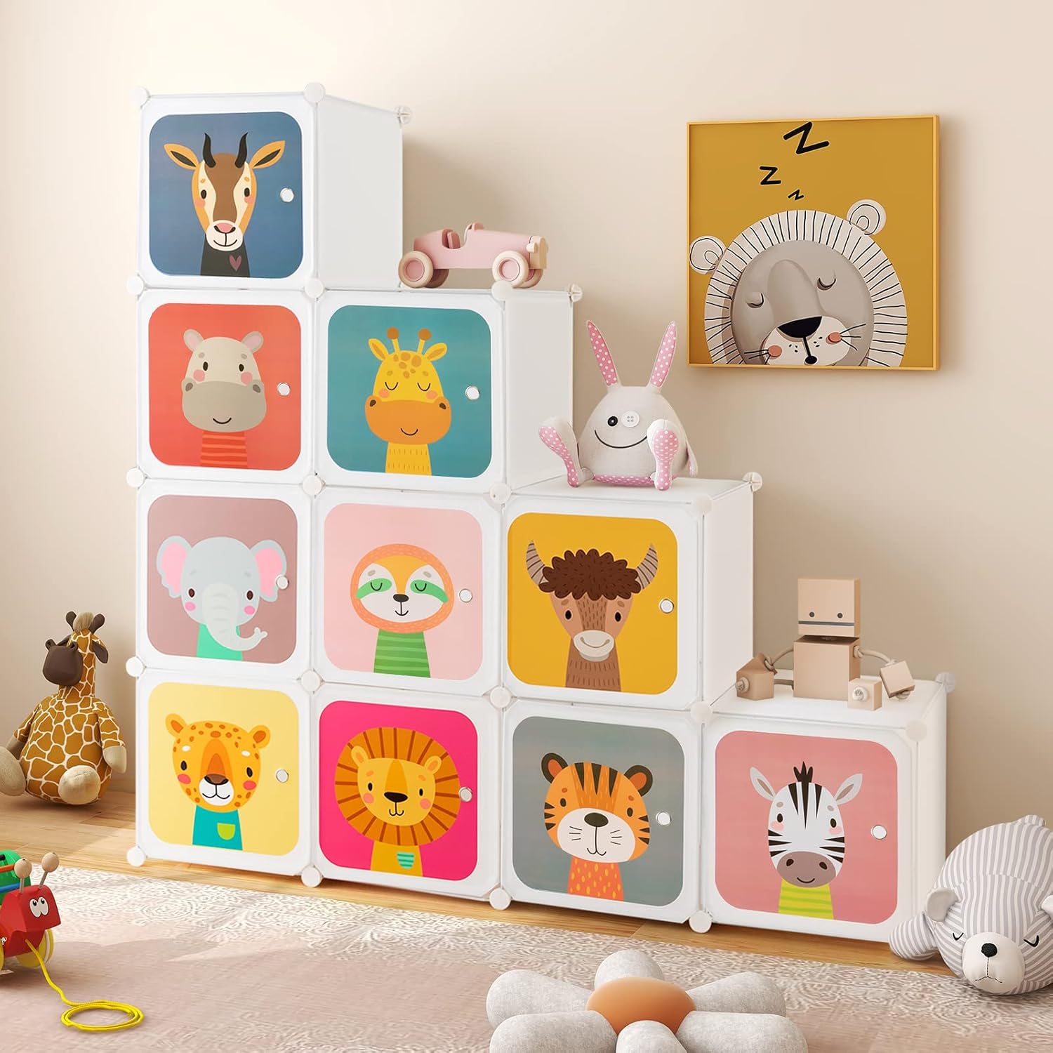 Costway Kids Wardrobe Closet, Baby Cartoon Clothes Storage Organizer, 12 Cubes & 2 Hanging Sections, Portable Children DIY Modular Bedroom Armoire Dresser Cabinet for Boys Girls (Blue\u002FPink\u002FWhite)