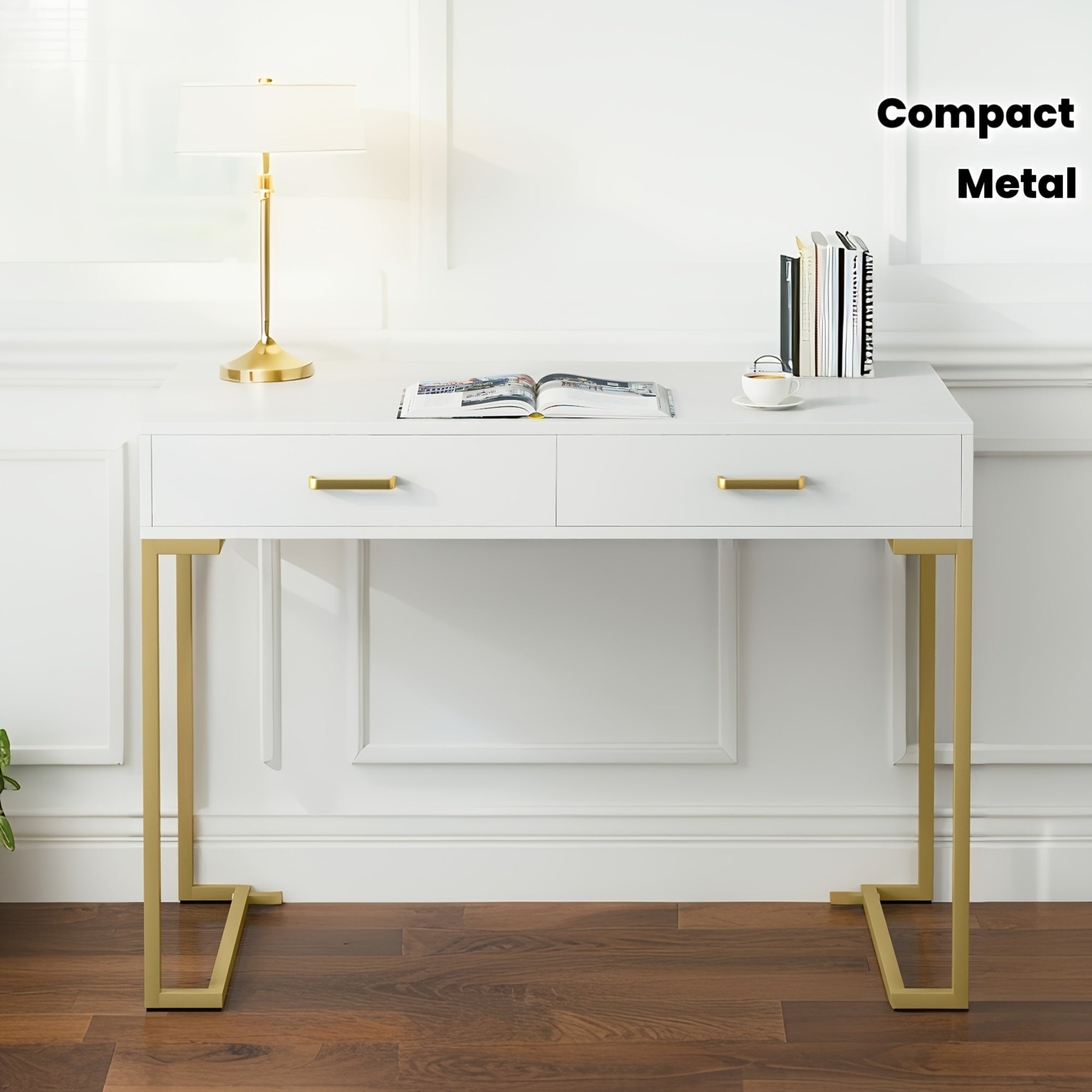 Modern Compact Computer Desk with 2 Drawers - Small Space Desk Suitable for Home Office, Bedside Writing Table, Sturdy Wood & Metal Frame, Spacious Tabletop, Assembly, Contemporary Study Desk