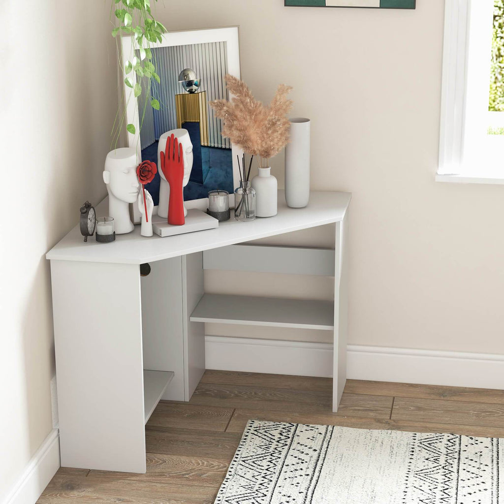 90° Corner Desk for Small Space, Home Office Computer Desk with Open Shelves & Cable Management Holes, Laptop Workstation, Triangular Makeup Vanity Desk for Living Room, Bedroom & Study