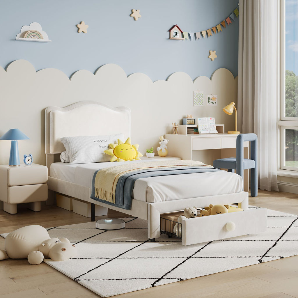 White Twin Soft Platform Bed Featuring a Headboard And Storage Drawer, Designed for Girls And Kids. It Includes Wooden Slats, Requires No Box Spring, And Is Easy to Assemble
