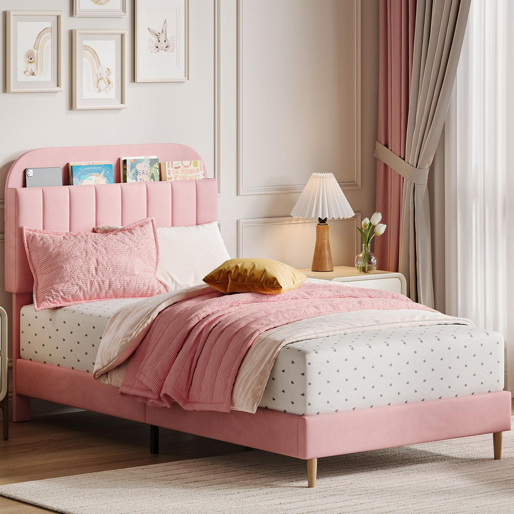 A Stylish Pink Twin XL Platform Bed Frame for Kids Featuring a Built-In Bookcase Headboard, Wooden Slats for Support, And No Need for a Box Spring. It'S Easy to Assemble And Serves As an Elegant Centerpiece for Your Living Room