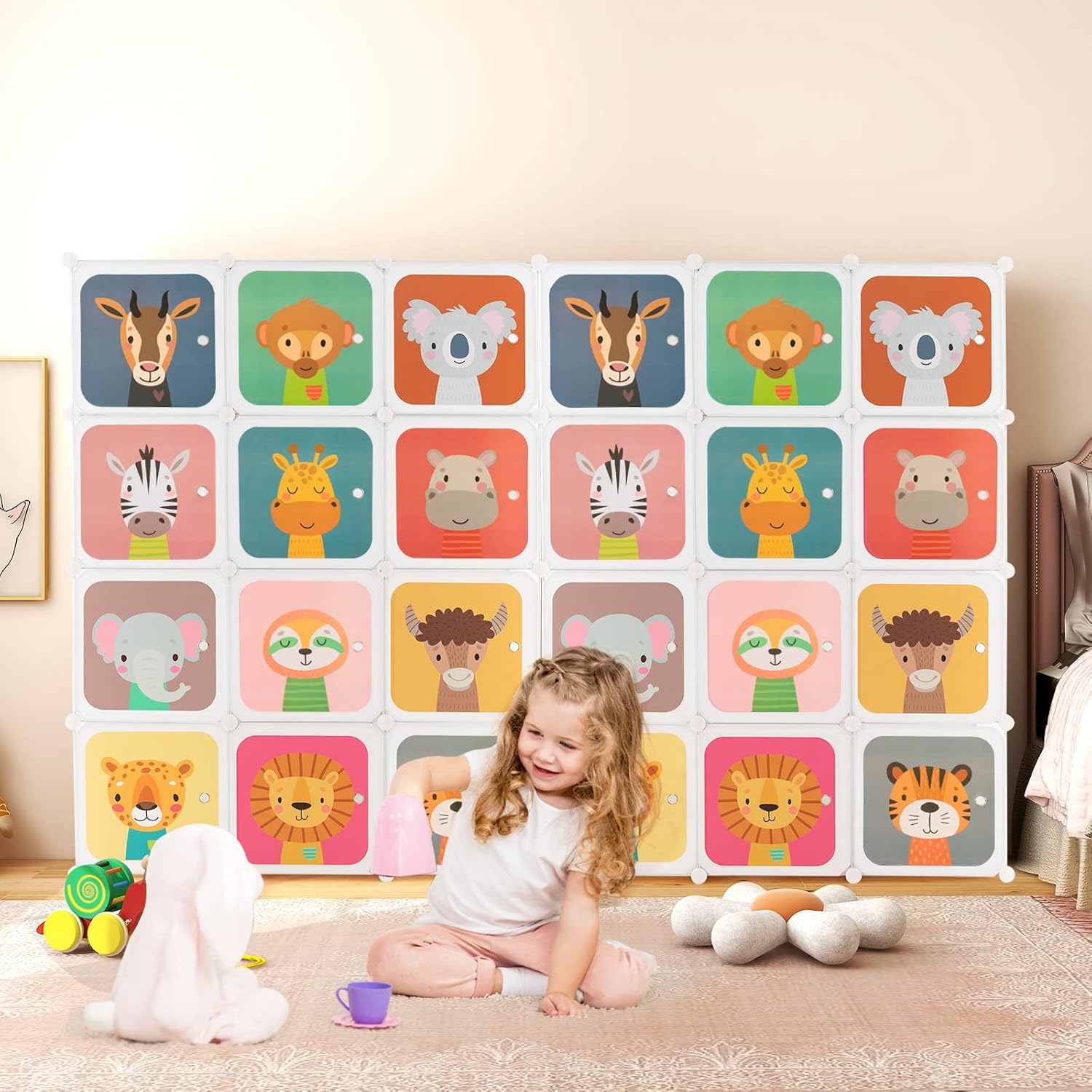 Costway Kids Wardrobe Closet, Baby Cartoon Clothes Storage Organizer, 12 Cubes & 2 Hanging Sections, Portable Children DIY Modular Bedroom Armoire Dresser Cabinet for Boys Girls (Blue\u002FPink\u002FWhite)