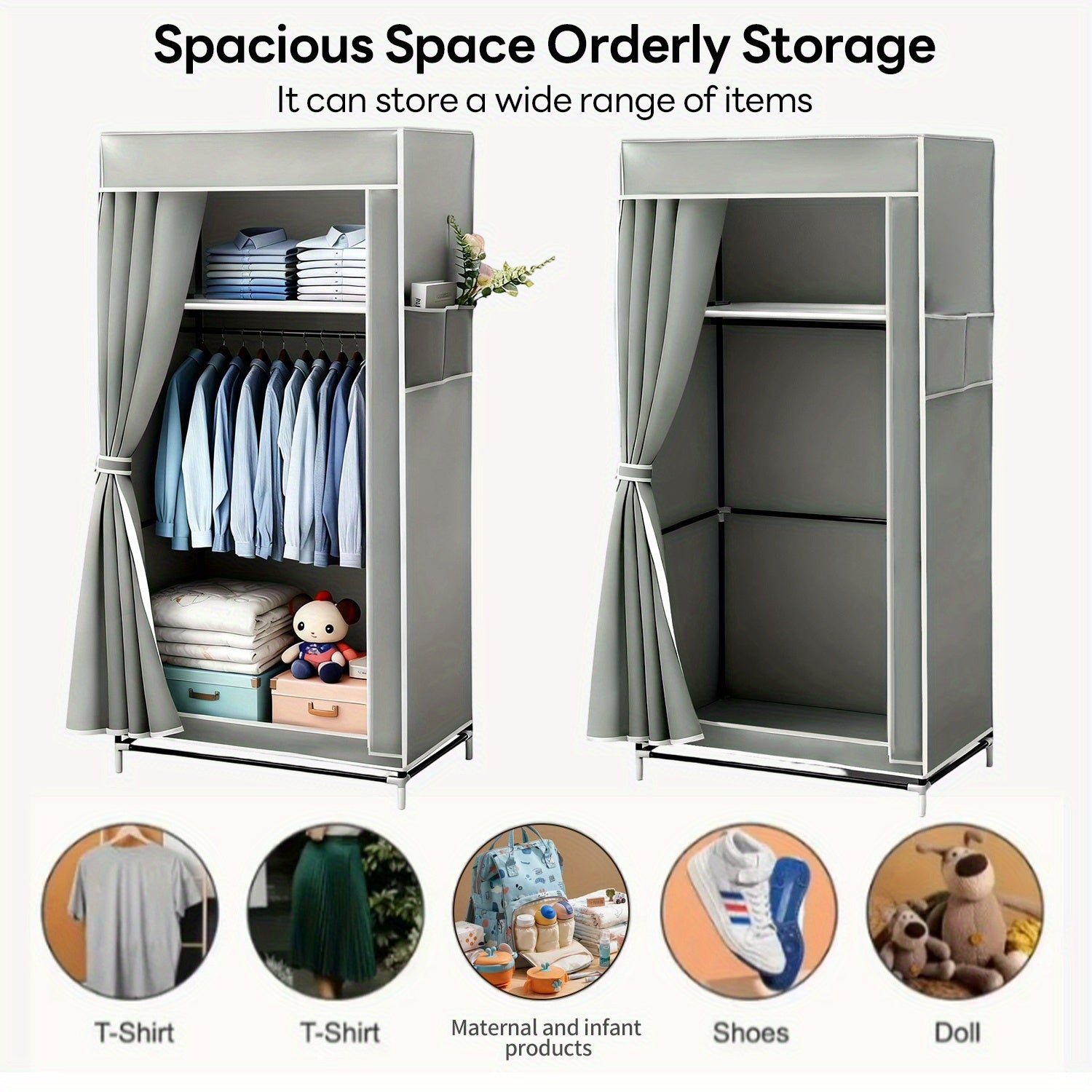 LED Light Decorative Wardrobe, Side Zipper Easy Space-Saving Cabinet, Upgraded Heavy-Duty Hanging Rod, Non-Woven Partition, Home Bedroom Storage, Apartment Dormitory Clothing Organization, Clothes, Blankets, Shoes, Books, Ornaments Closet Display