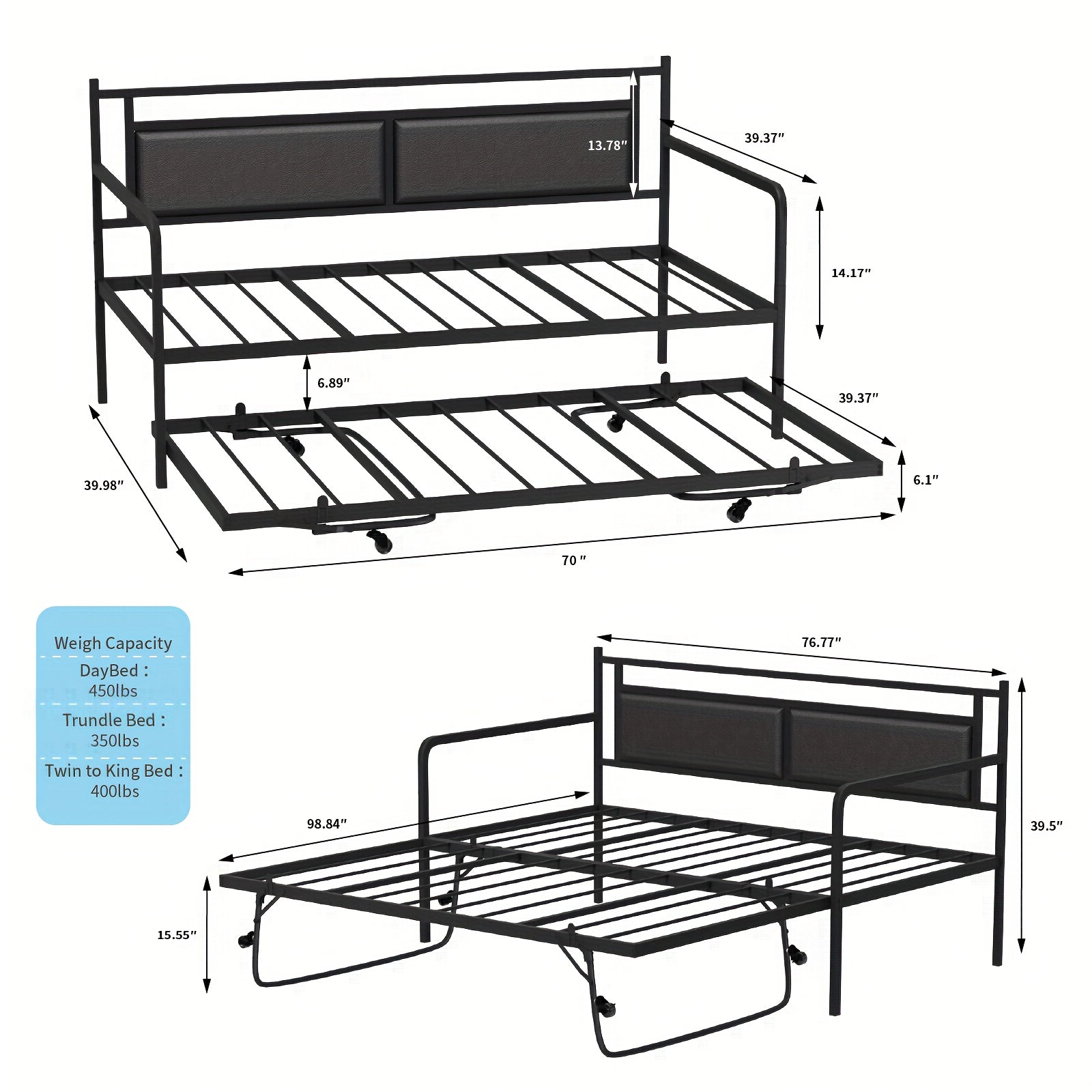 Bonnlo Twin Bed Frame with LED Light & Charing Station, Heavy Duty Sofa Daybed Trundle Bed with Storage Headboard