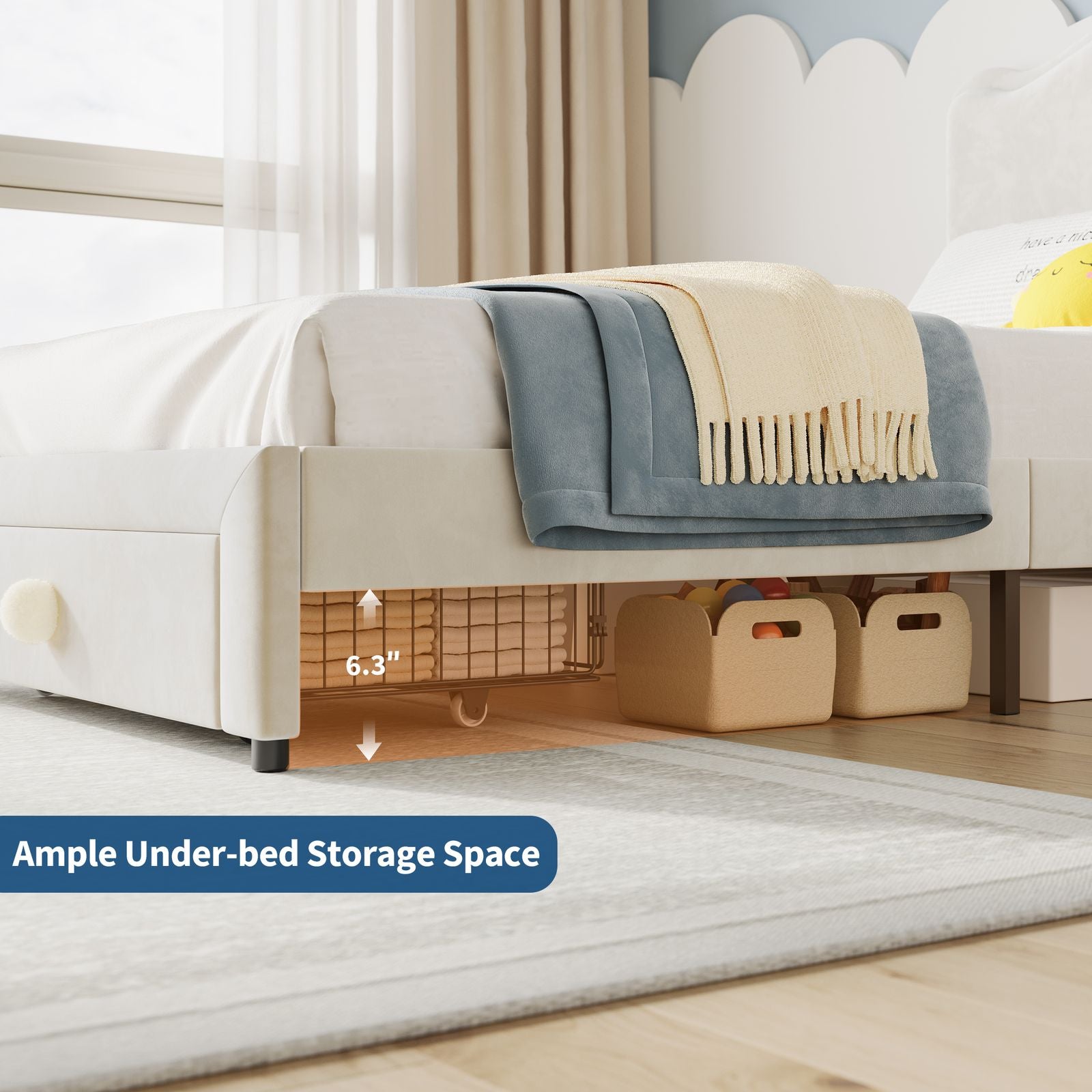 White Twin Soft Platform Bed Featuring a Headboard And Storage Drawer, Designed for Girls And Kids. It Includes Wooden Slats, Requires No Box Spring, And Is Easy to Assemble