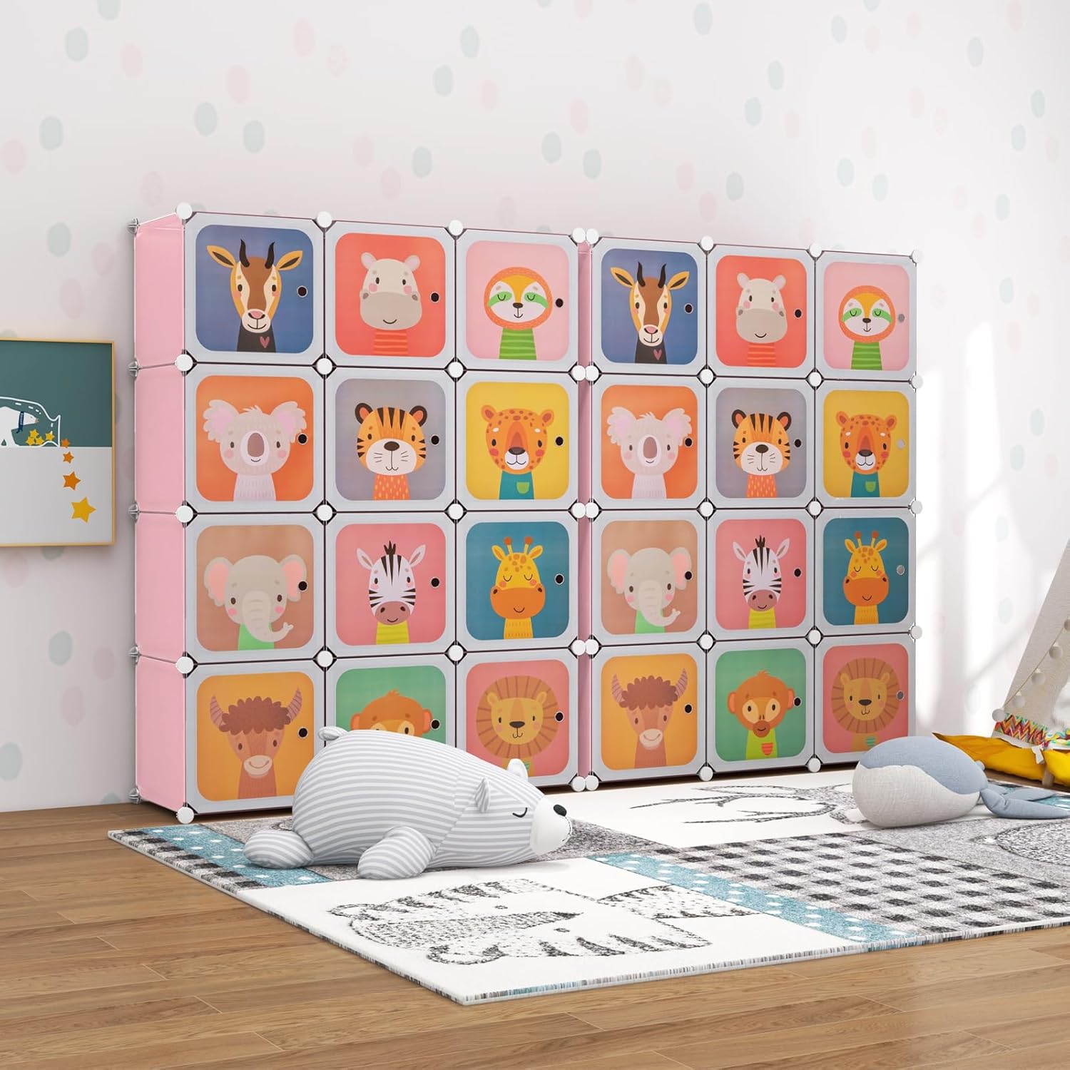 Costway Kids Wardrobe Closet, Baby Cartoon Clothes Storage Organizer, 12 Cubes & 2 Hanging Sections, Portable Children DIY Modular Bedroom Armoire Dresser Cabinet for Boys Girls (Blue\u002FPink\u002FWhite)