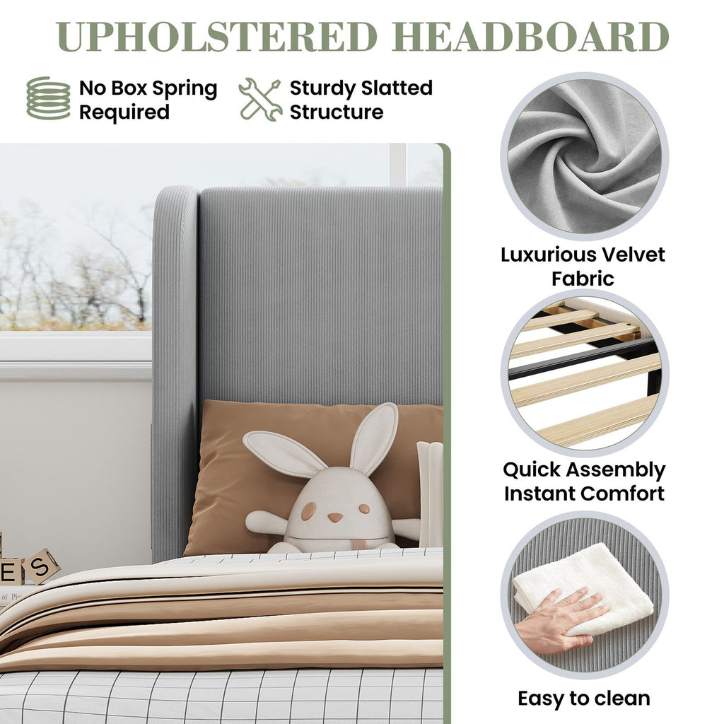 Modern Twin Bed Frame with Adjustable Headboard - Light Gray Velvet Upholstered Platform Bed, Sturdy Noise-Free Support, No Box Spring Required, Easy Assembly Metal Frame Suitable for,, Small s - Space-Saving Bed