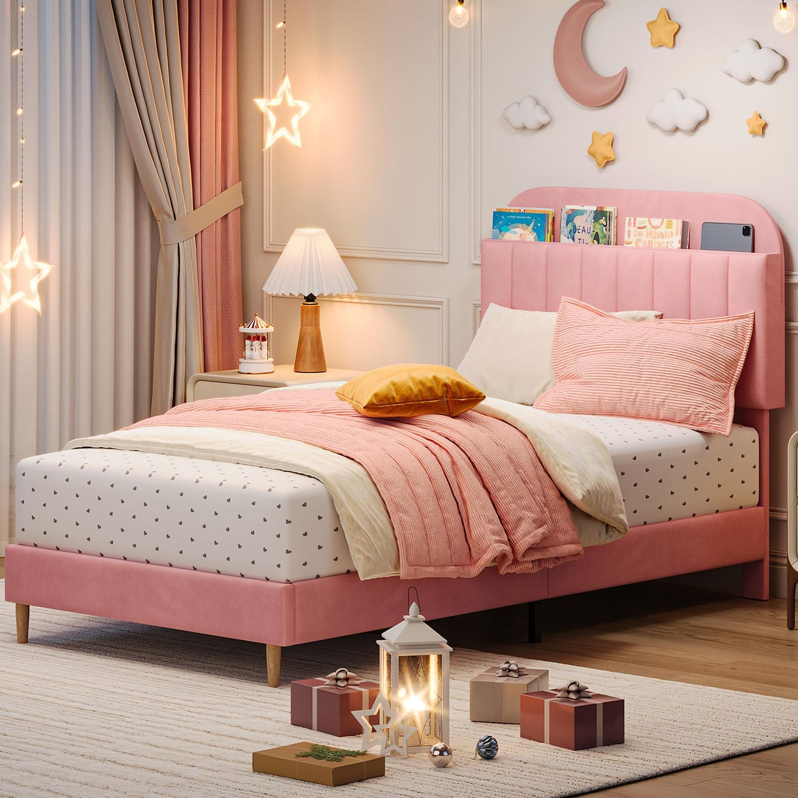 A Stylish Pink Twin XL Platform Bed Frame for Kids Featuring a Built-In Bookcase Headboard, Wooden Slats for Support, And No Need for a Box Spring. It'S Easy to Assemble And Serves As an Elegant Centerpiece for Your Living Room