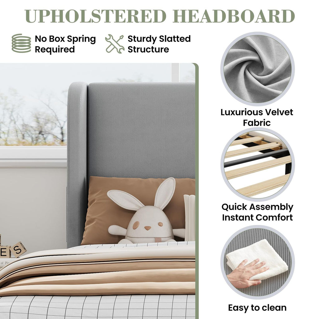 Modern Twin Bed Frame with Adjustable Headboard - Light Gray Velvet Upholstered Platform Bed, Sturdy Noise-Free Support, No Box Spring Required, Easy Assembly Metal Frame Suitable for,, Small s - Space-Saving Bed