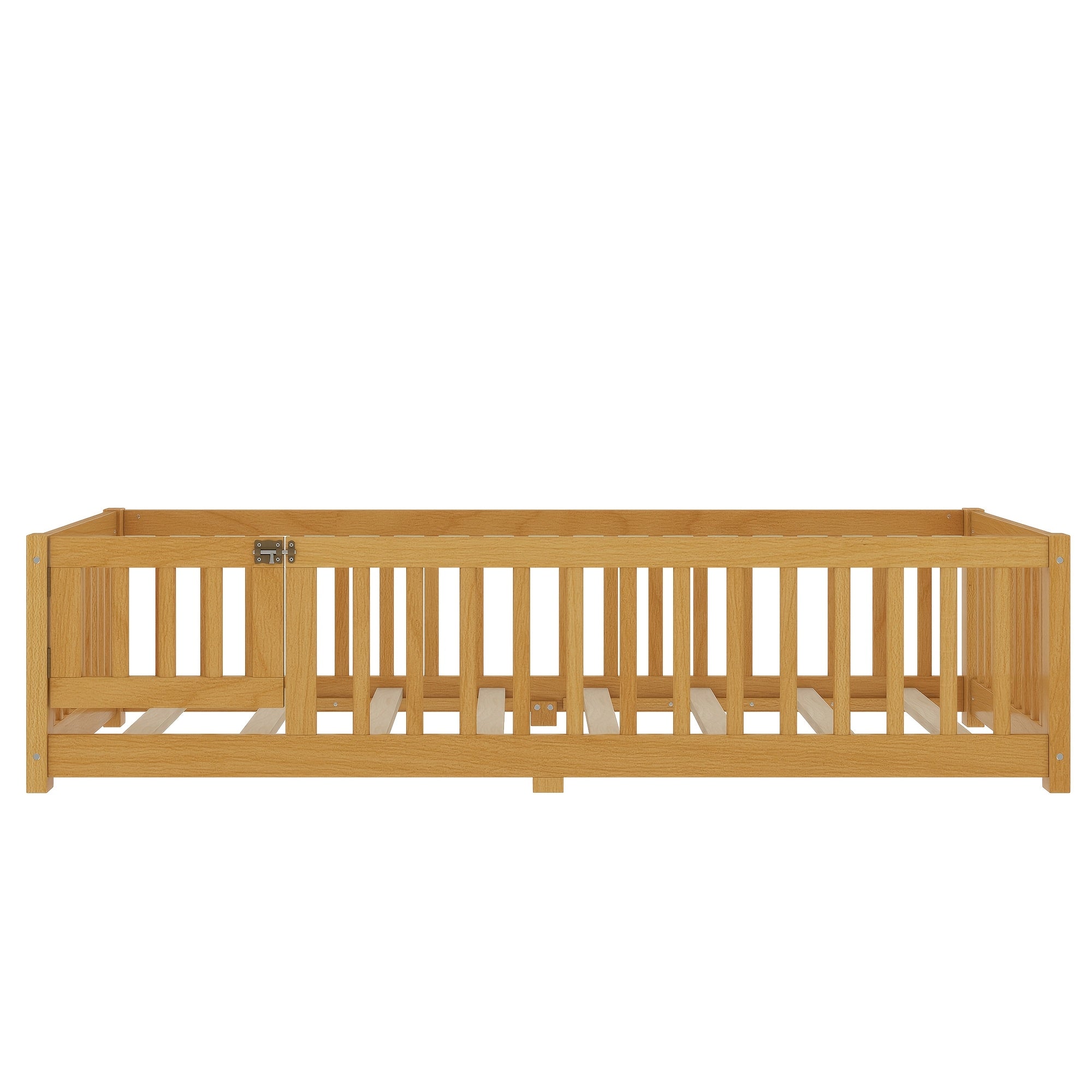Bellemave Twin Size Floor Bed Featuring a Strong Fence And Slats, Wooden Bed Frame with Safety Guardrails for Children, Style Floor Bed for Boys And Girls, Mattress Not Included, Natural End