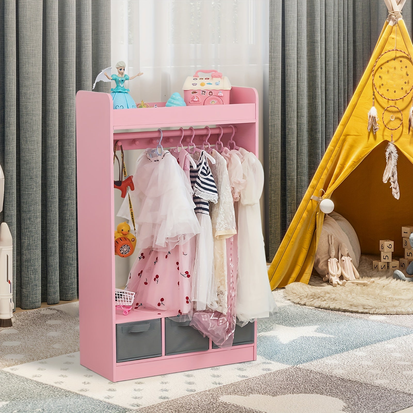 Wardrobe in Ins Style Featuring Three Non-Woven Drawers, a Clothes Hanger with Seven Clothing Beads, And a Mirror Design. Ideal for a Pink Princess-Themed Room, Perfect for Small Apartments Measuring 24.8×11.81×42.13inch