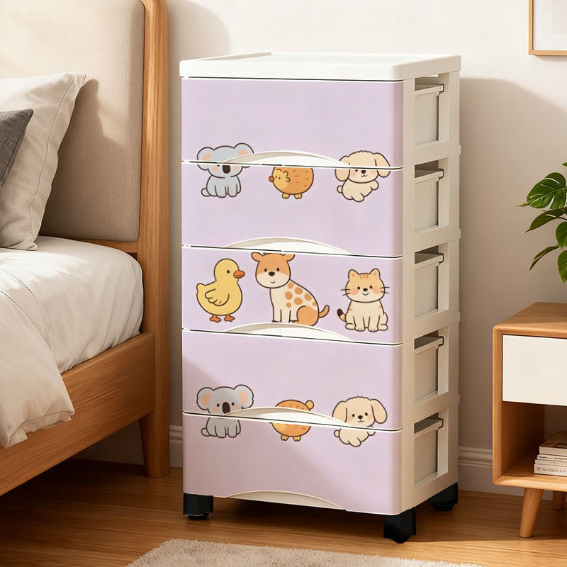 Durable 5-Tier Patterned Plastic Storage Tower, White Drawer Type Sorting Cabinet with Artistic Print, Multi-purpose Household Organizing Unit for Bedroom Living Room Dorm, Heavy-Duty Large Capacity Vertical Dresser for Sundries Storage