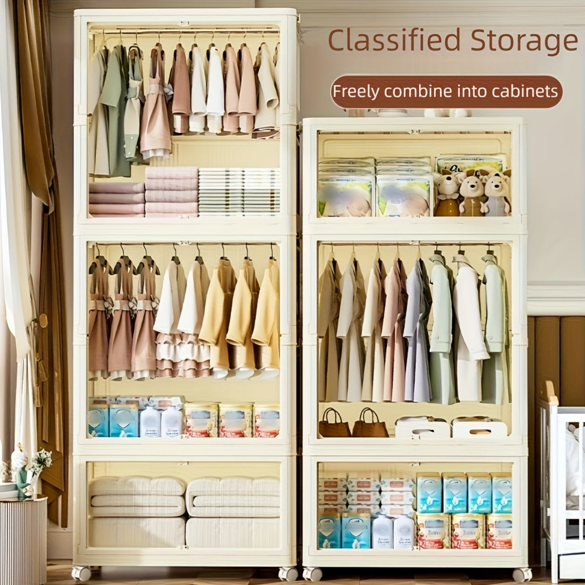 Portable Wardrobe with Wheels And Magnetic Doors, Bear-Shaped Storage Cabinet with Ample Space for Clothing, Suitable for Bedrooms, Easy to Assemble for Home Or Dorm Use, Durable And Easy to Clean Design (2\u002F3 Tiers)