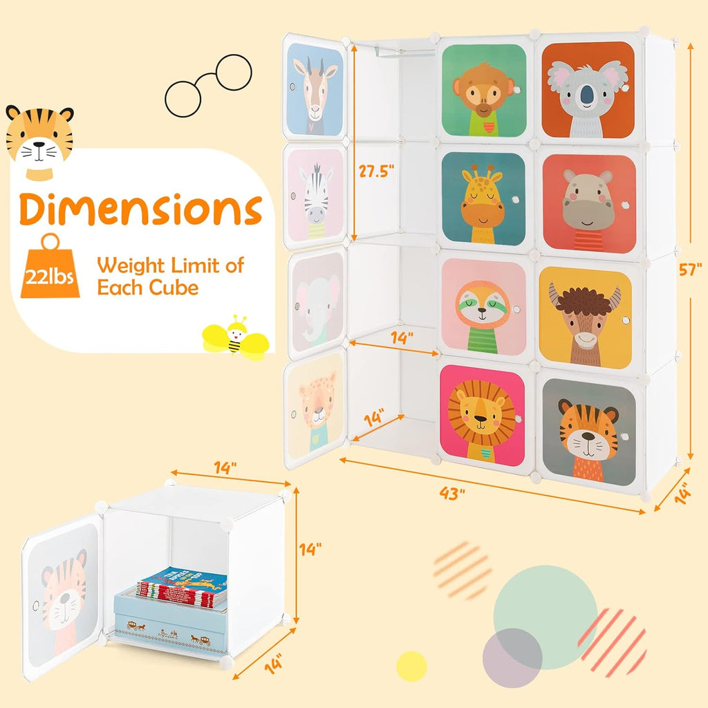 Costway Kids Wardrobe Closet, Baby Cartoon Clothes Storage Organizer, 12 Cubes & 2 Hanging Sections, Portable Children DIY Modular Bedroom Armoire Dresser Cabinet for Boys Girls (Blue\u002FPink\u002FWhite)