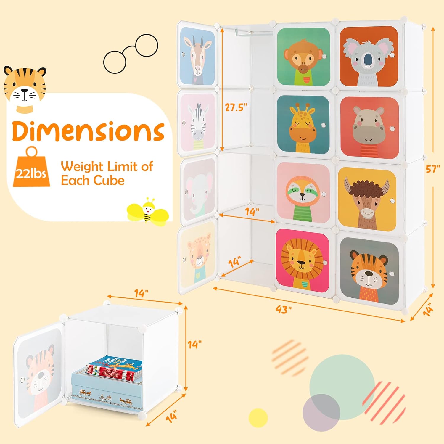 Costway Kids Wardrobe Closet, Baby Cartoon Clothes Storage Organizer, 12 Cubes & 2 Hanging Sections, Portable Children DIY Modular Bedroom Armoire Dresser Cabinet for Boys Girls (Blue\u002FPink\u002FWhite)