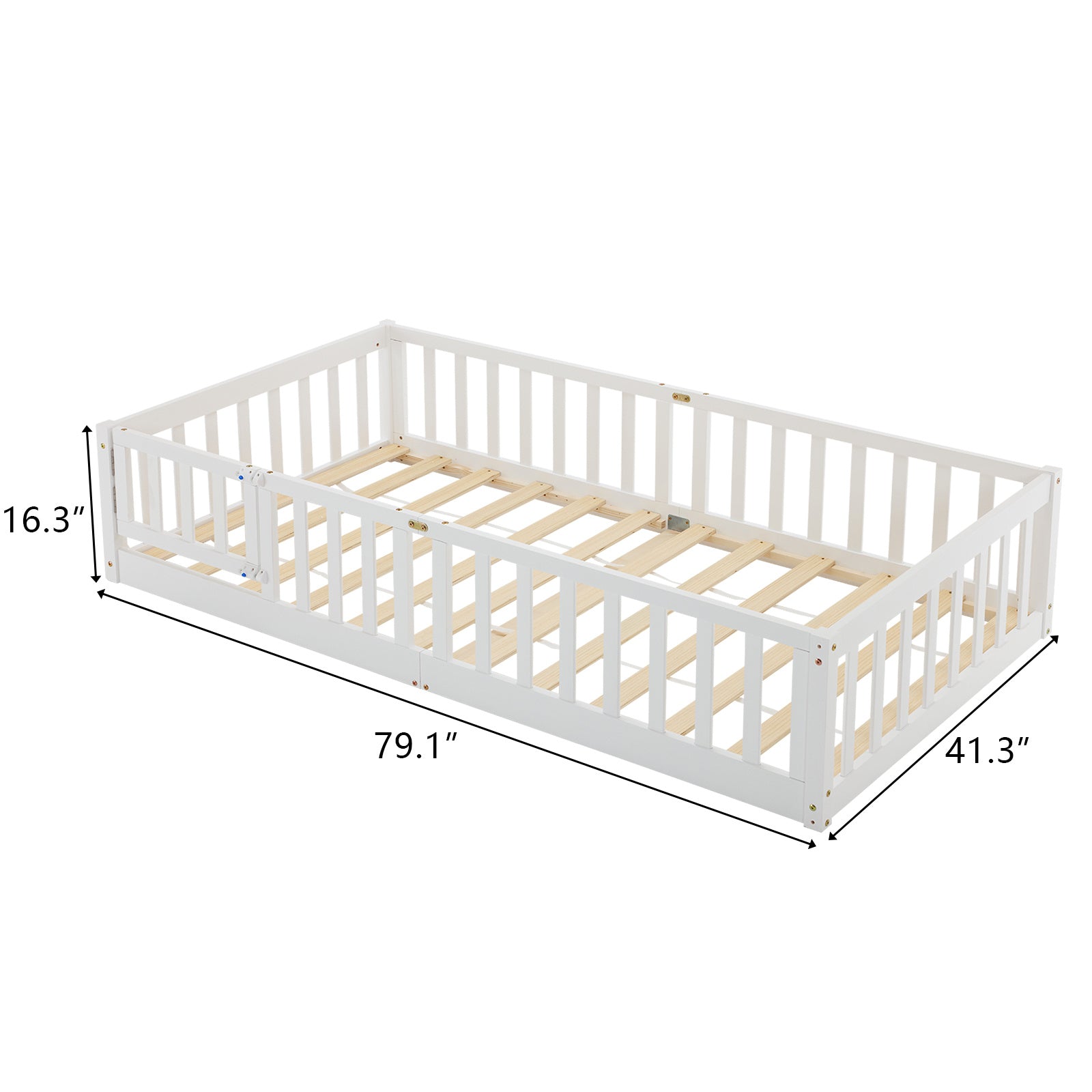 Floor Bed with Door and Fence, Floor Bed with Slats and Safety Guardrails, WoodBed Frame for Girls Boys, Natural