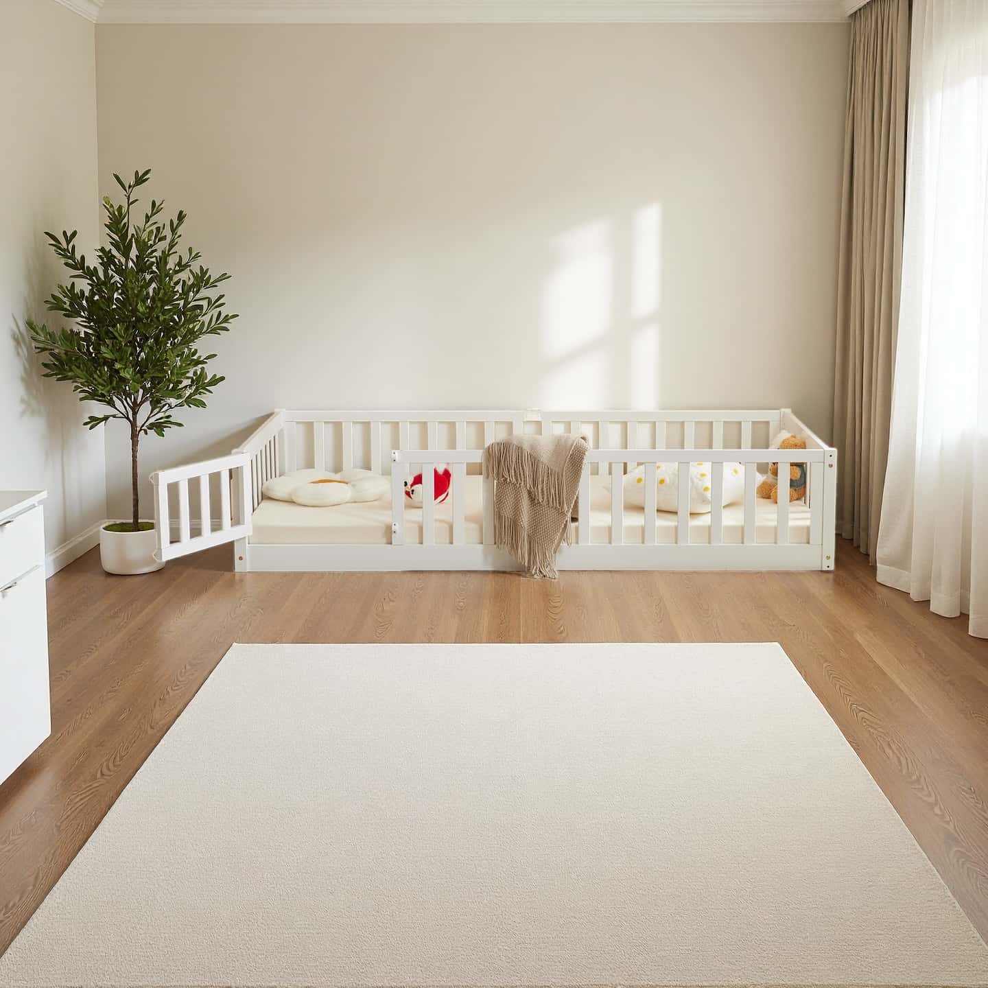 Floor Bed with Door and Fence, Floor Bed with Slats and Safety Guardrails, WoodBed Frame for Girls Boys, Natural