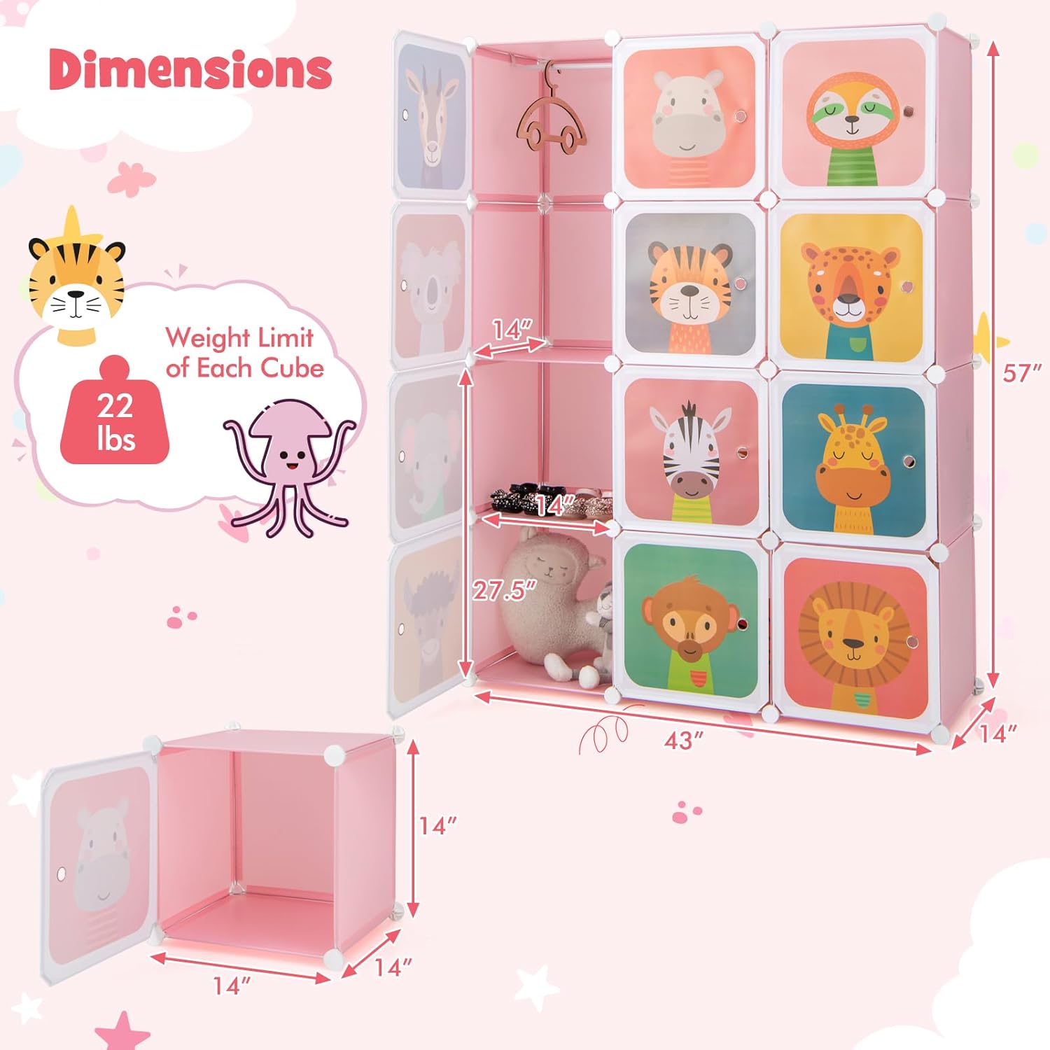 Costway Kids Wardrobe Closet, Baby Cartoon Clothes Storage Organizer, 12 Cubes & 2 Hanging Sections, Portable Children DIY Modular Bedroom Armoire Dresser Cabinet for Boys Girls (Blue\u002FPink\u002FWhite)