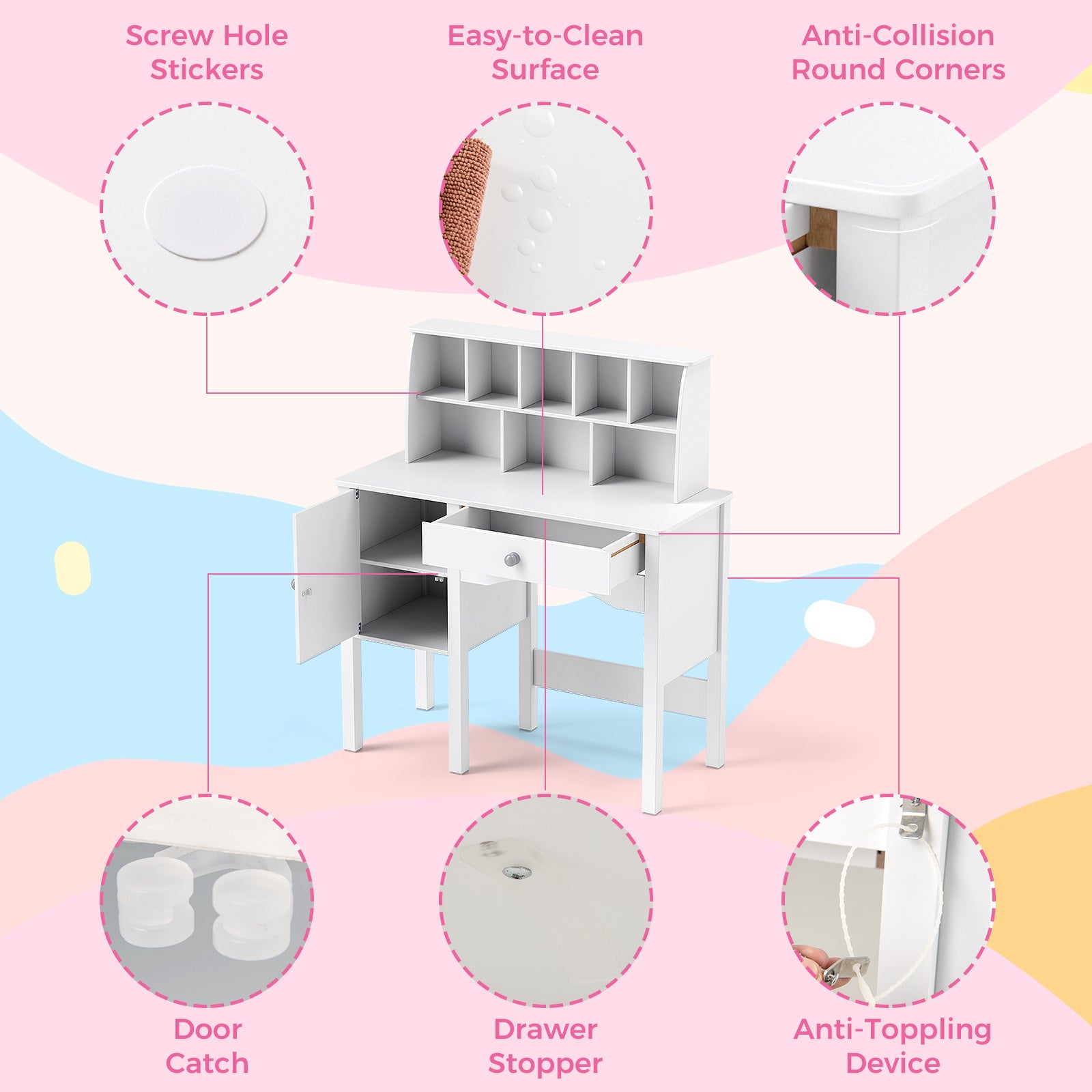 COSTWAY Kids Desk and Chair Set, Wooden Children's Desk & Chair Set with 8-Cubby Hutch, Large Cabinet & Drawer, Ergonomic Backrest, Workstation Writing Table, Kids Table and Chair with Storage for Home School