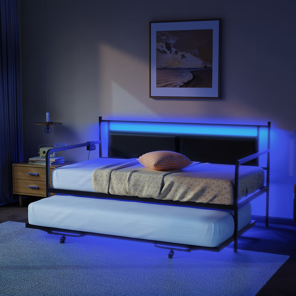 Bonnlo Twin Bed Frame with LED Light & Charing Station, Heavy Duty Sofa Daybed Trundle Bed with Storage Headboard