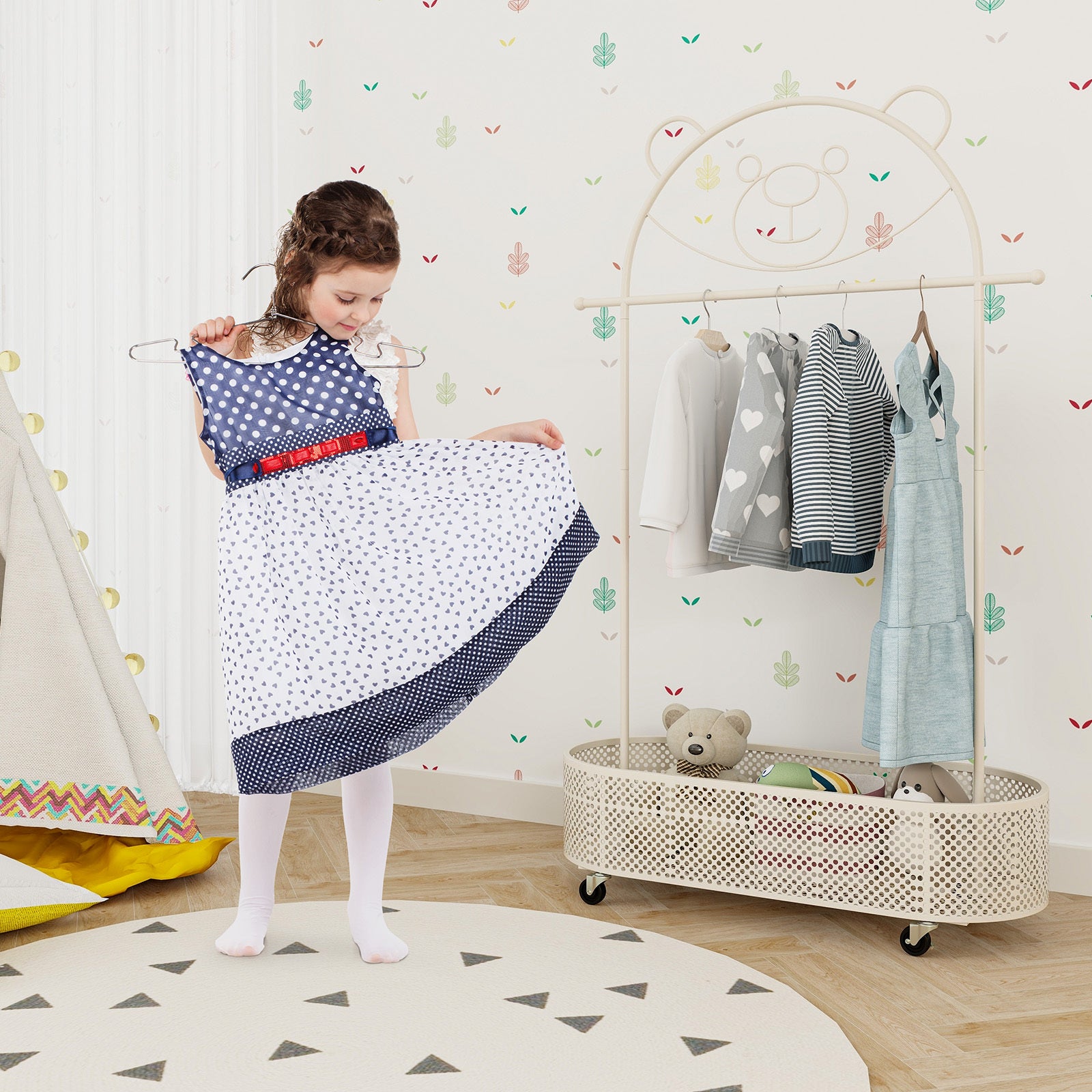 LIFEZEAL Kid Clothes Rack W\u002F 3 Adjustable Heights, Home Freestanding Clothes Rack on Wheels, Cartoon Wardrobe W\u002F Basket for Children Adults, Portable Mobile Clothes Hanging Rod for Kids Room, Living Room, Portable Closets